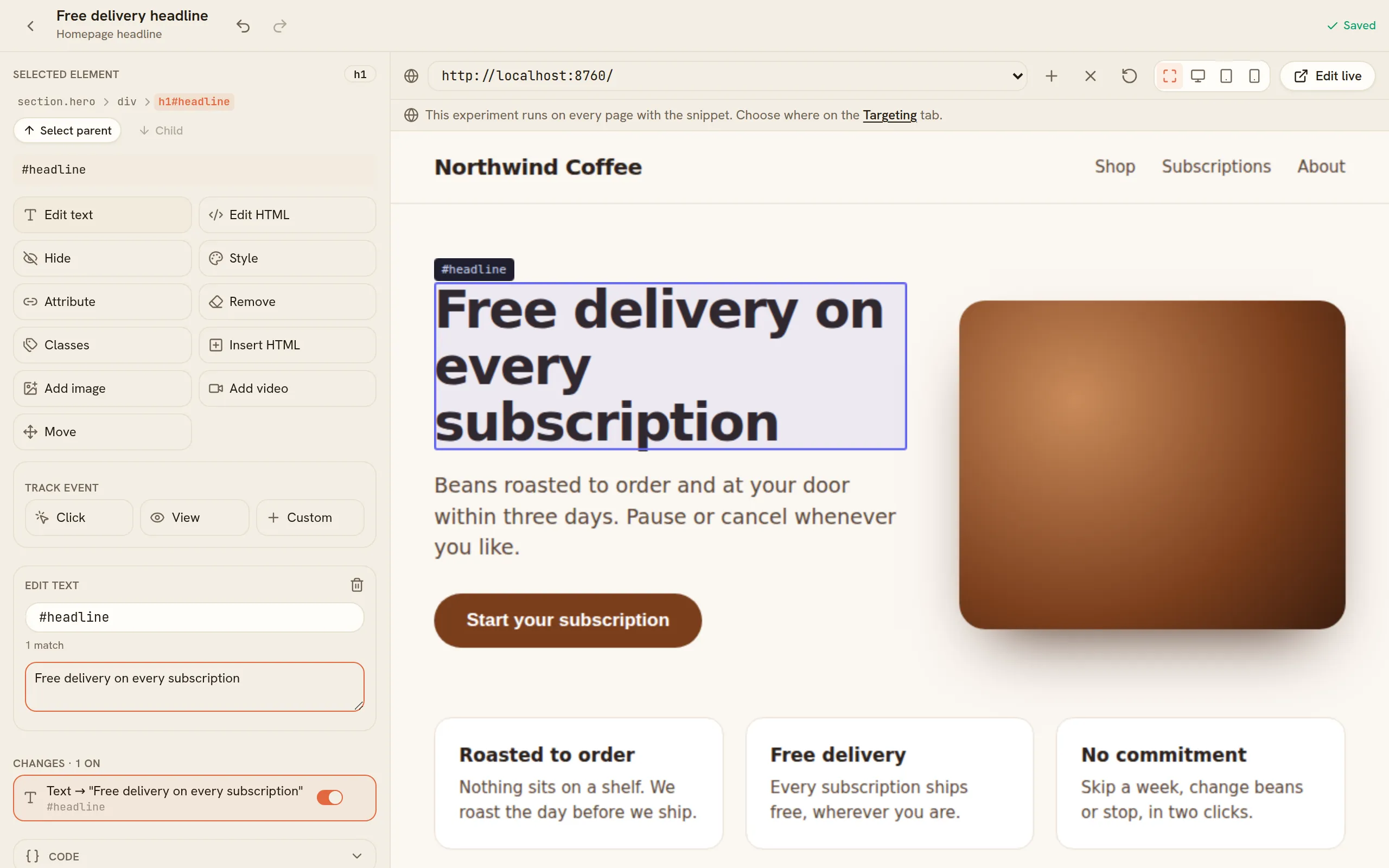 The visual editor, with the homepage headline being changed for one variant