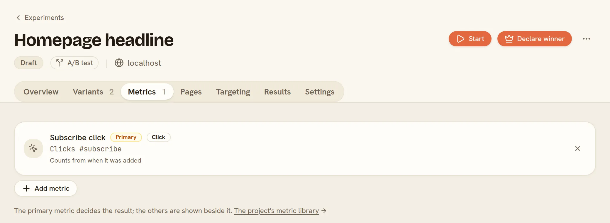 The Metrics tab with the primary metric