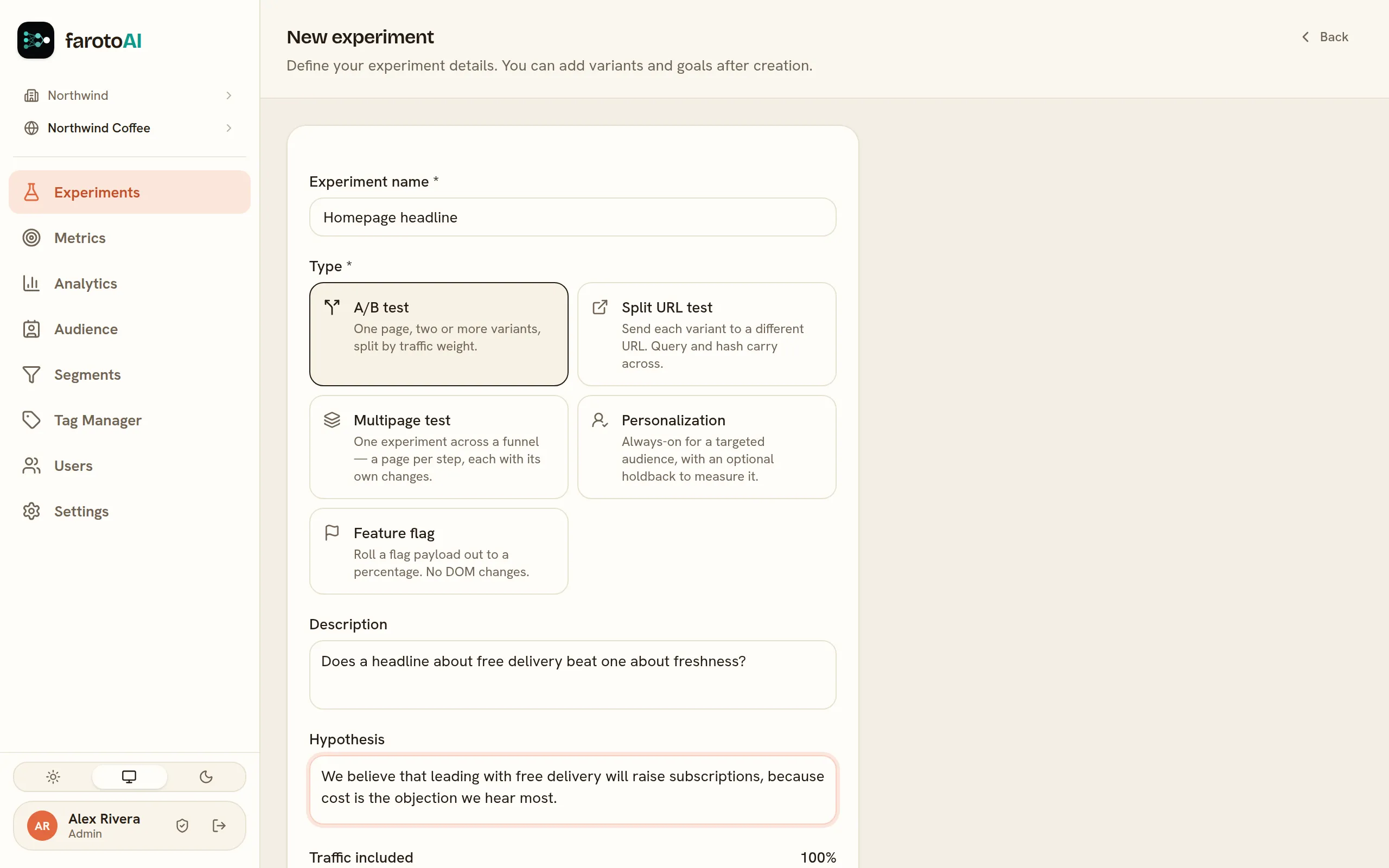 The New experiment form, filled in