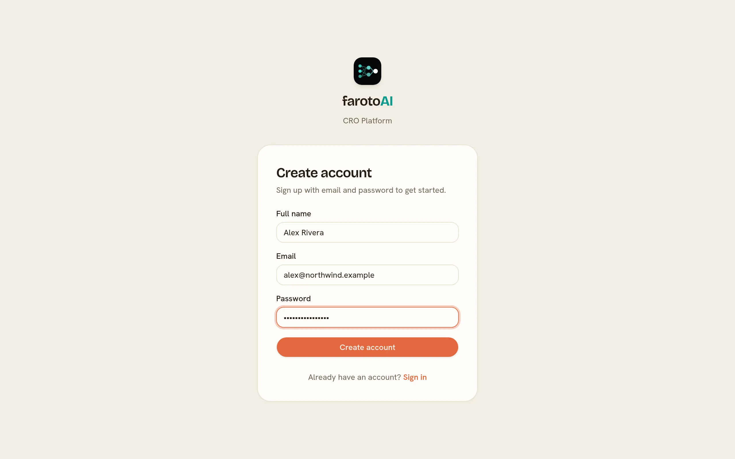 The Create account form