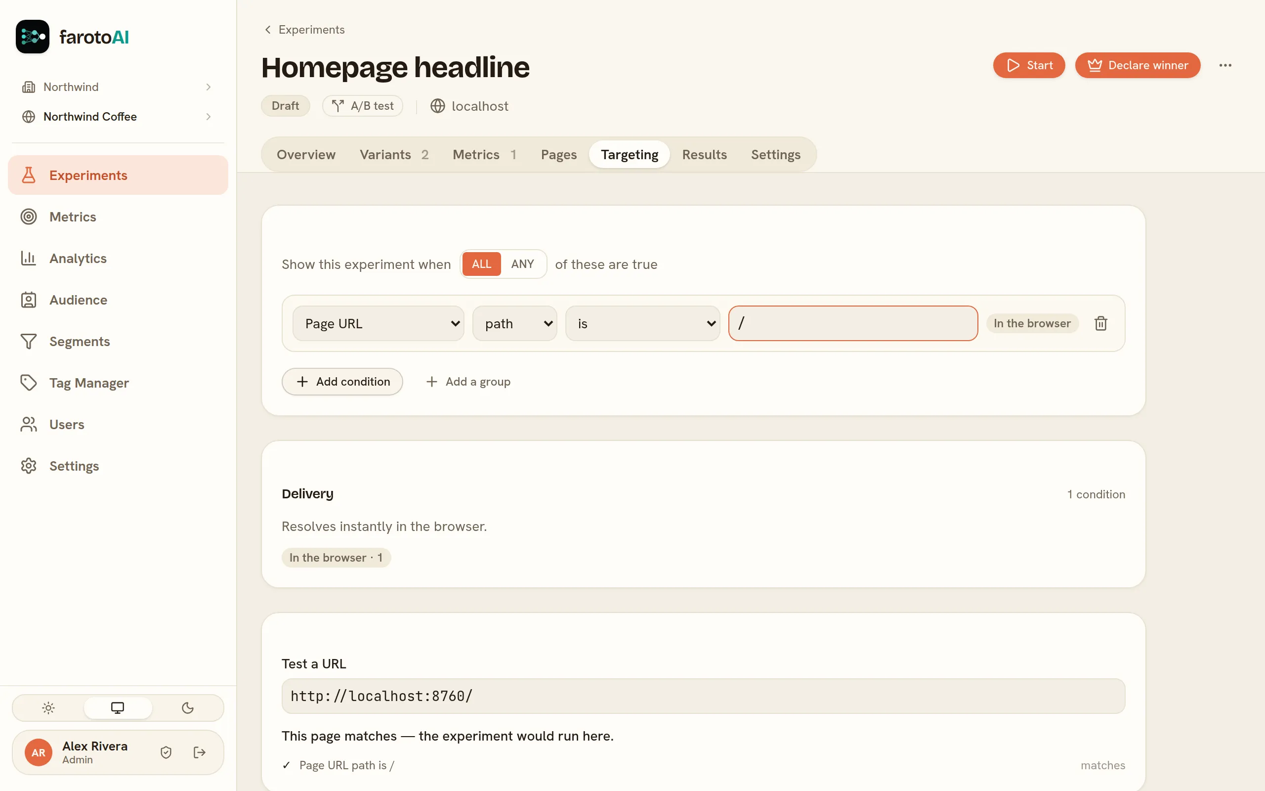 A condition limiting the experiment to the homepage